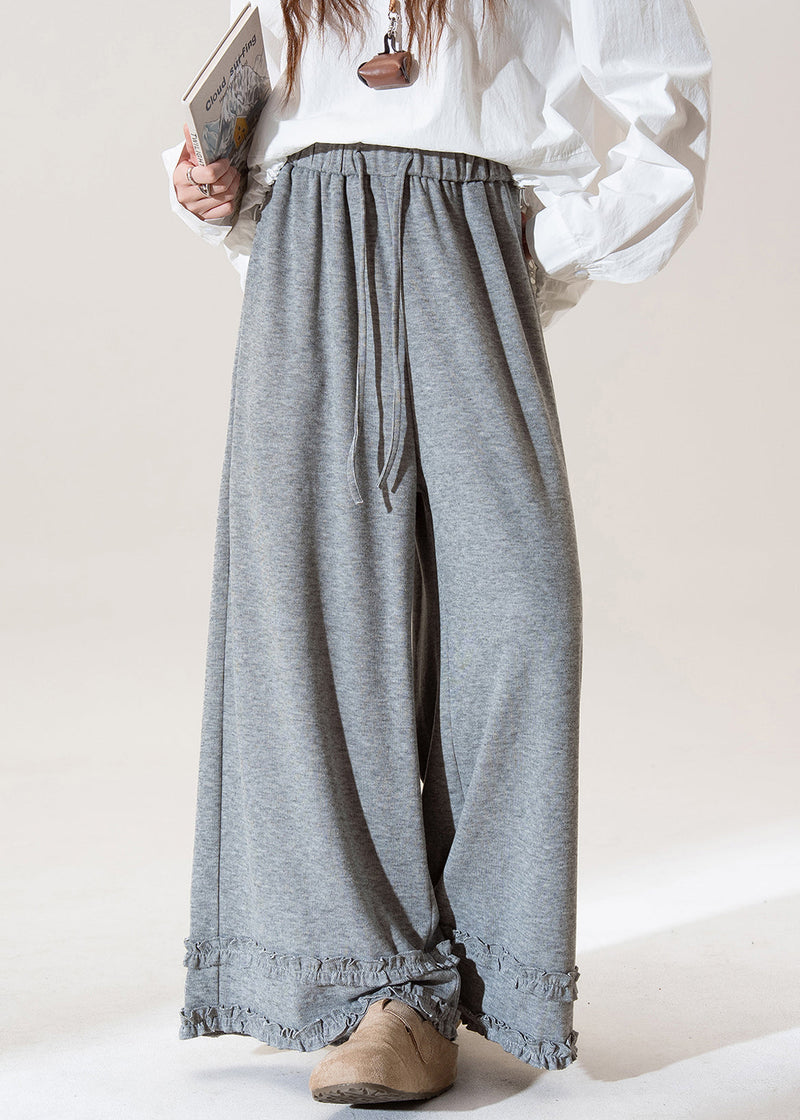 Grey Ruffled Elastic Waist Patchwork Cotton Wide Leg Pants Spring