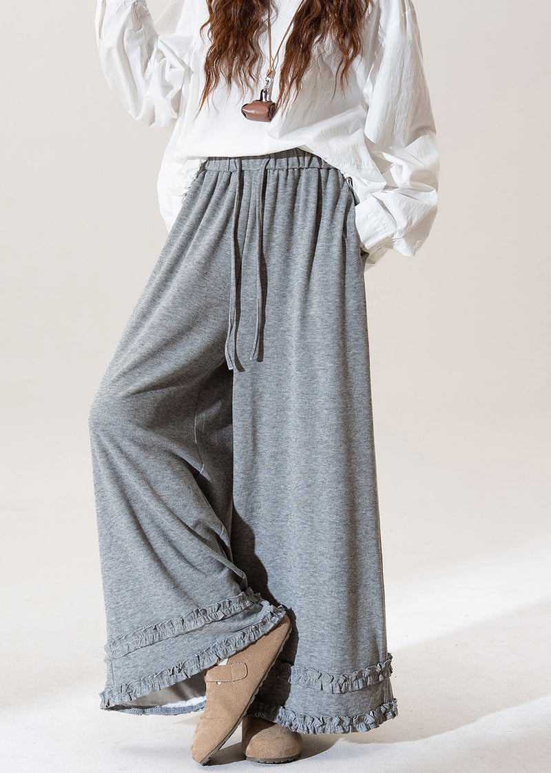 Grey Ruffled Elastic Waist Patchwork Cotton Wide Leg Pants Spring