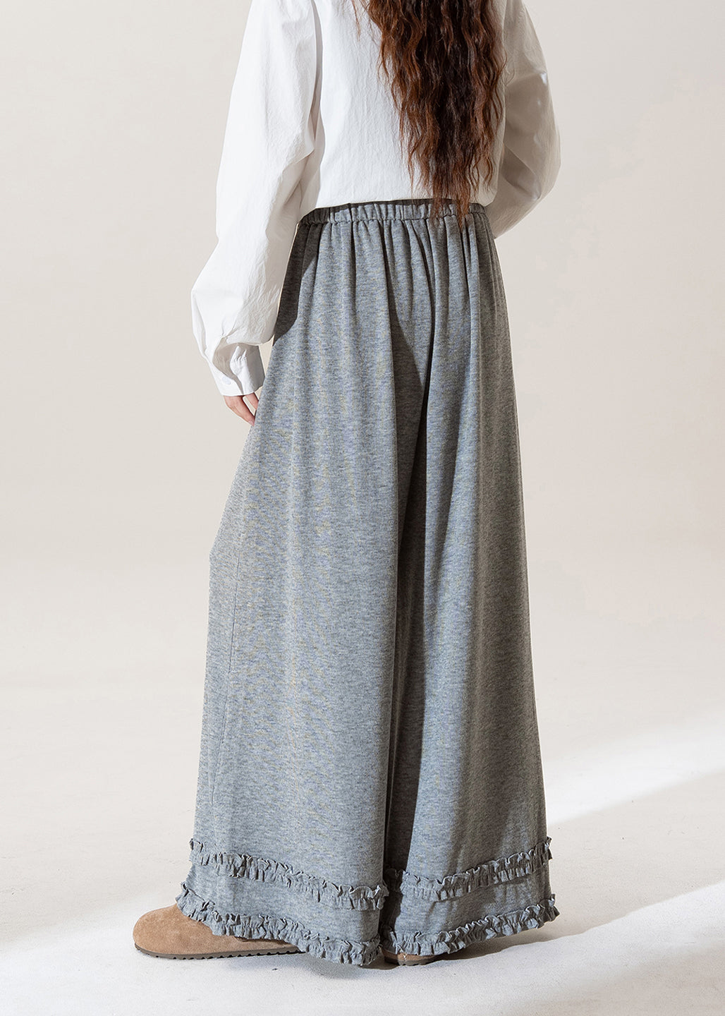 Grey Ruffled Elastic Waist Patchwork Cotton Wide Leg Pants Spring