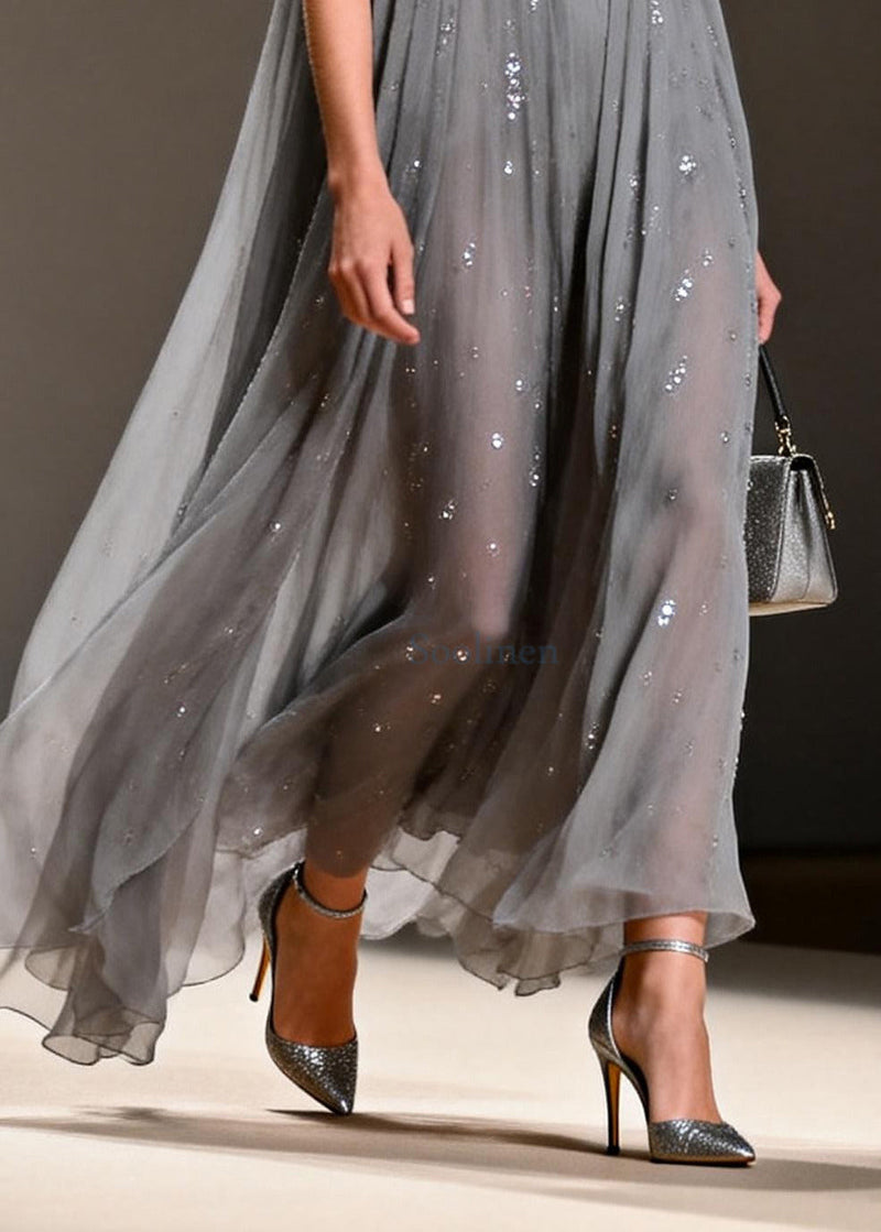 Grey Sequins Chiffon Long Dress Sleeveless