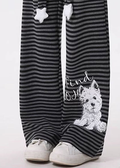 Grey Striped Animal Print Cotton Pants Spring