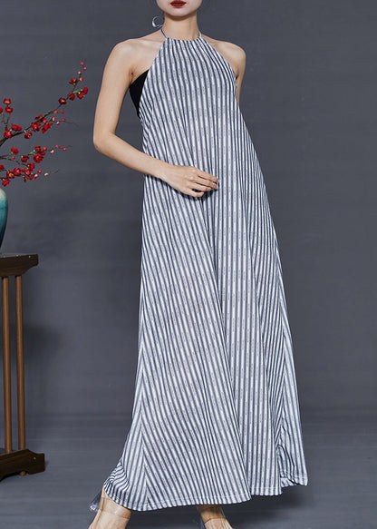 Grey Striped Backless Cotton Beach Dress Summer
