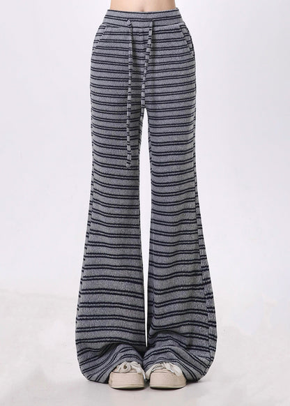 Grey Striped Cotton Bell-bottom Trousers Spring