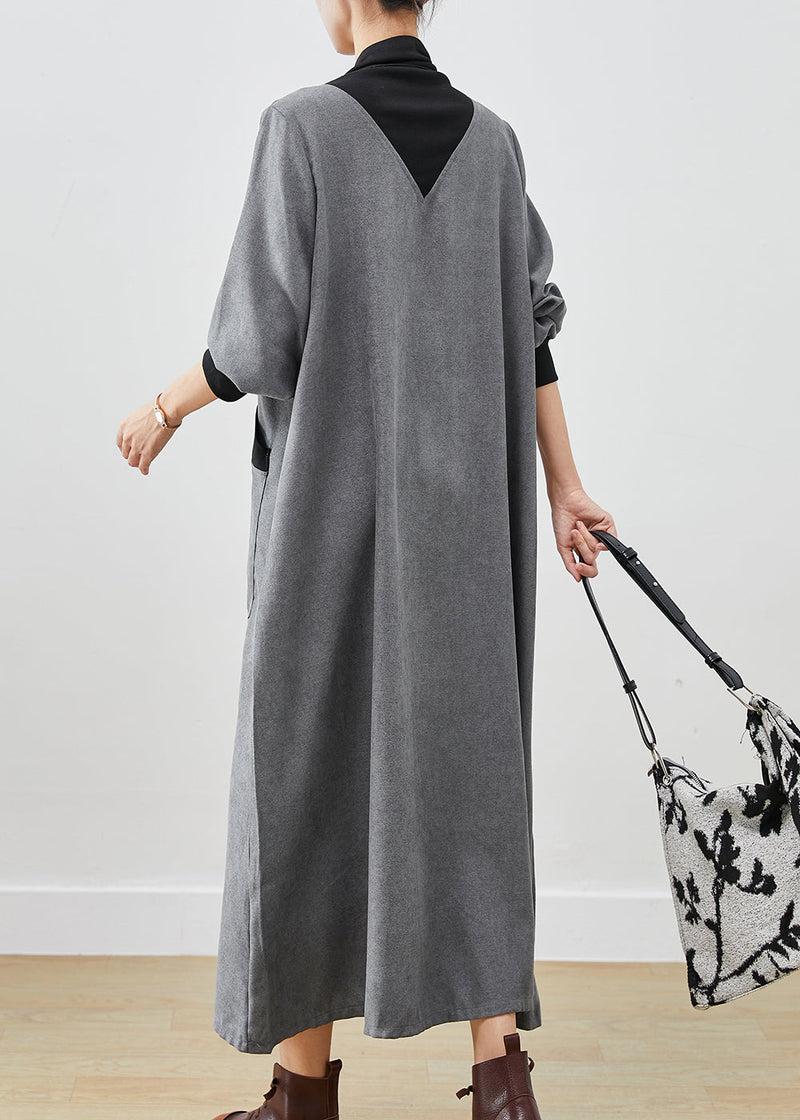 Grey Turtle Neck Patchwork Cotton Long Dress Fall