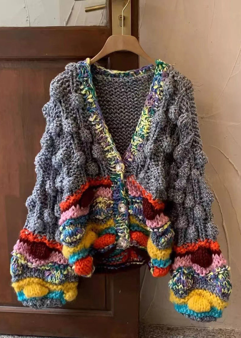 Grey V Neck Button Cotton Knit Coat Spring