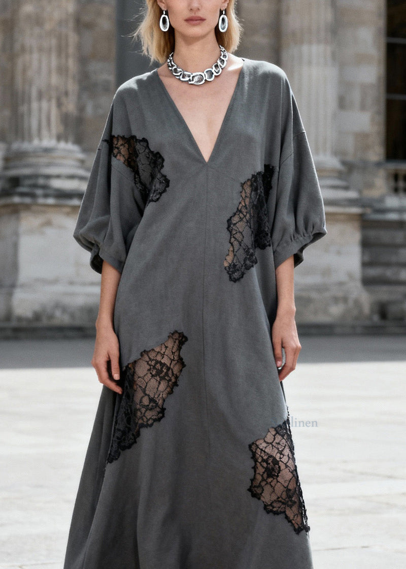 Grey V Neck Hollow Out Lace Patchwork Cotton Dresses Summer
