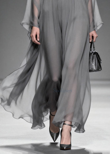 Grey V Neck Patchwork Chiffon Maxi Dress Summer