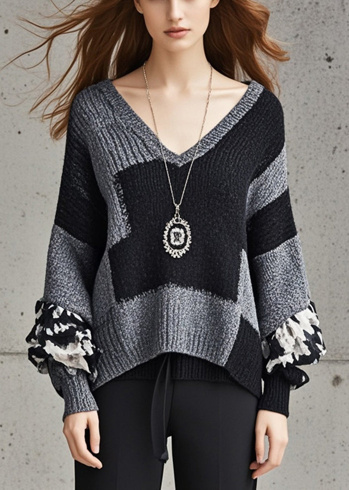 Grey V Neck Patchwork Knit Sweater Fall