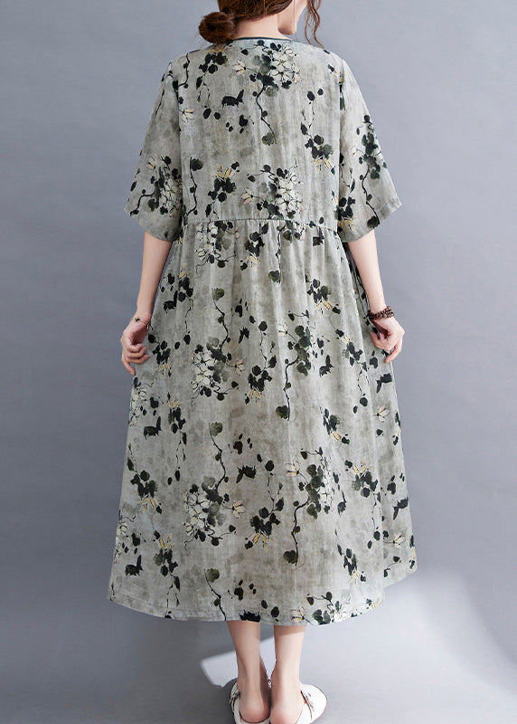 Grey V Neck Print Linen Long Dress Short Sleeve