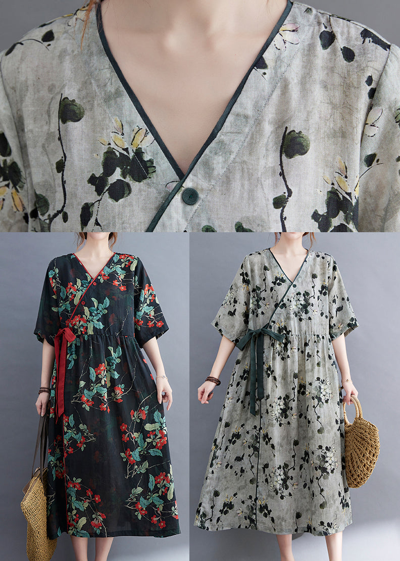 Grey V Neck Print Linen Long Dress Short Sleeve