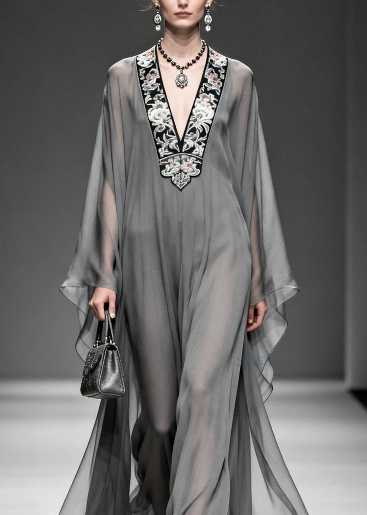 Grey V Neck Print Loose Chiffon Long Dress Spring