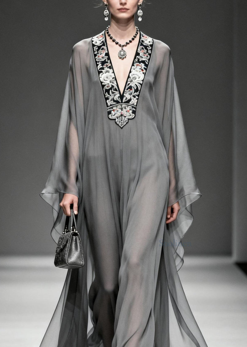 Grey V Neck Print Loose Chiffon Long Dress Spring