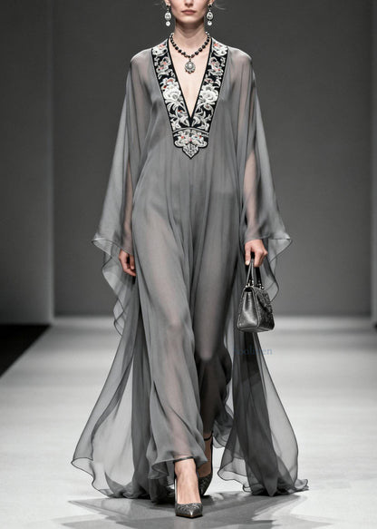 Grey V Neck Print Loose Chiffon Long Dress Spring