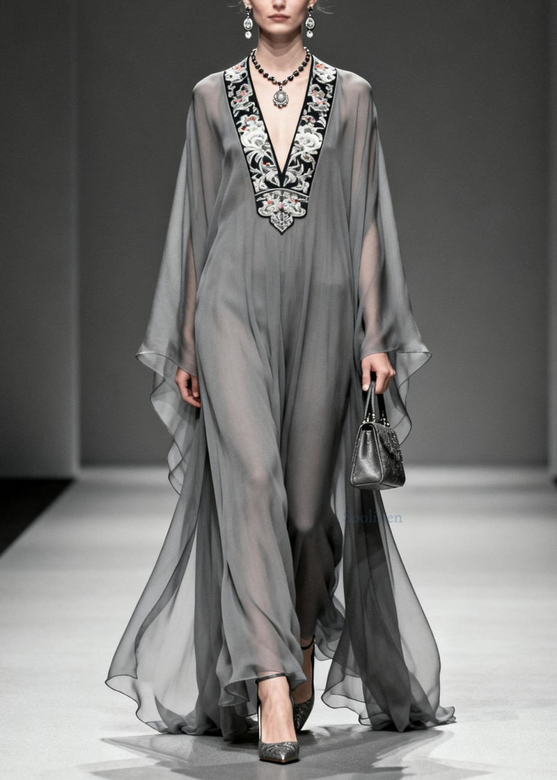 Grey V Neck Print Loose Chiffon Long Dress Spring