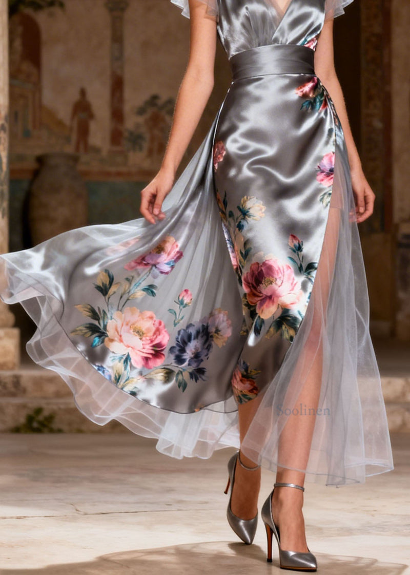 Grey V Neck Print Patchwork Silk Dress Summer