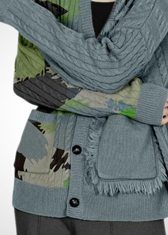 Grey V Neck Print Tassel Pockets Wool Cardigans Winter