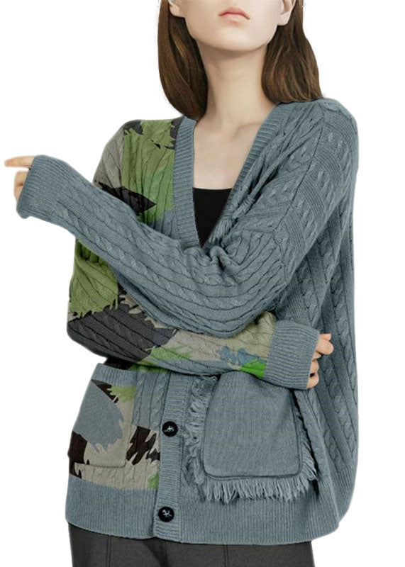 Grey V Neck Print Tassel Pockets Wool Cardigans Winter