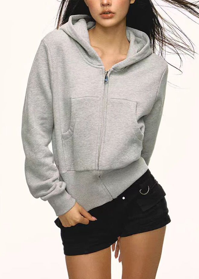 Grey Zip Up Pockets Cotton Hoodies Outwear Spring