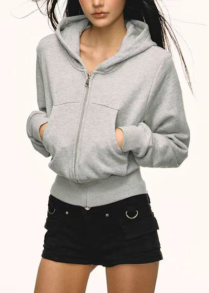 Grey Zip Up Pockets Cotton Hoodies Outwear Spring
