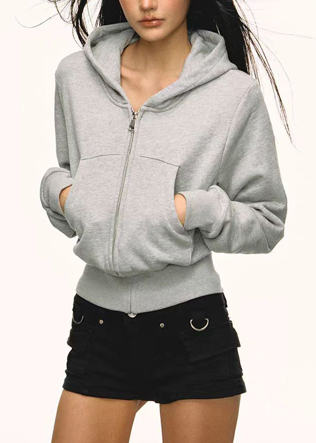 Grey Zip Up Pockets Cotton Hoodies Outwear Spring
