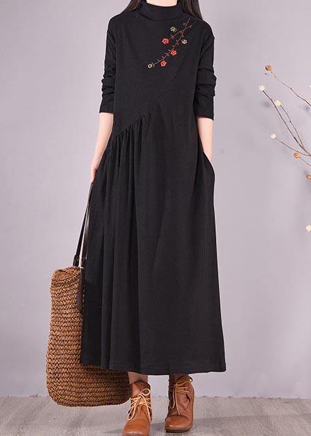 High Neck Cinched Spring Clothes Tutorials Black Embroidery Long Dresses