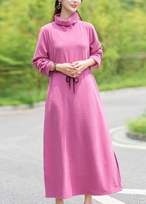 High Neck Drawstring Spring Tunics Design Pink Robe Dress