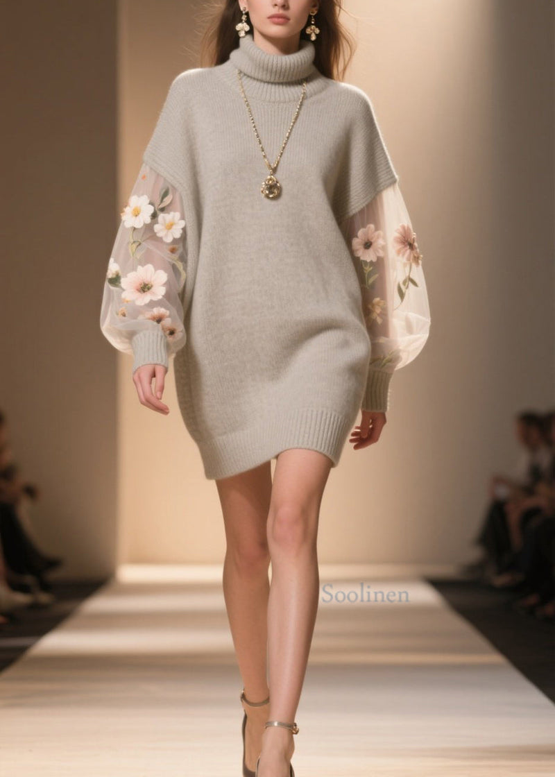 Hign Neck Tulle Patchwork Knit Sweater Dress Winter