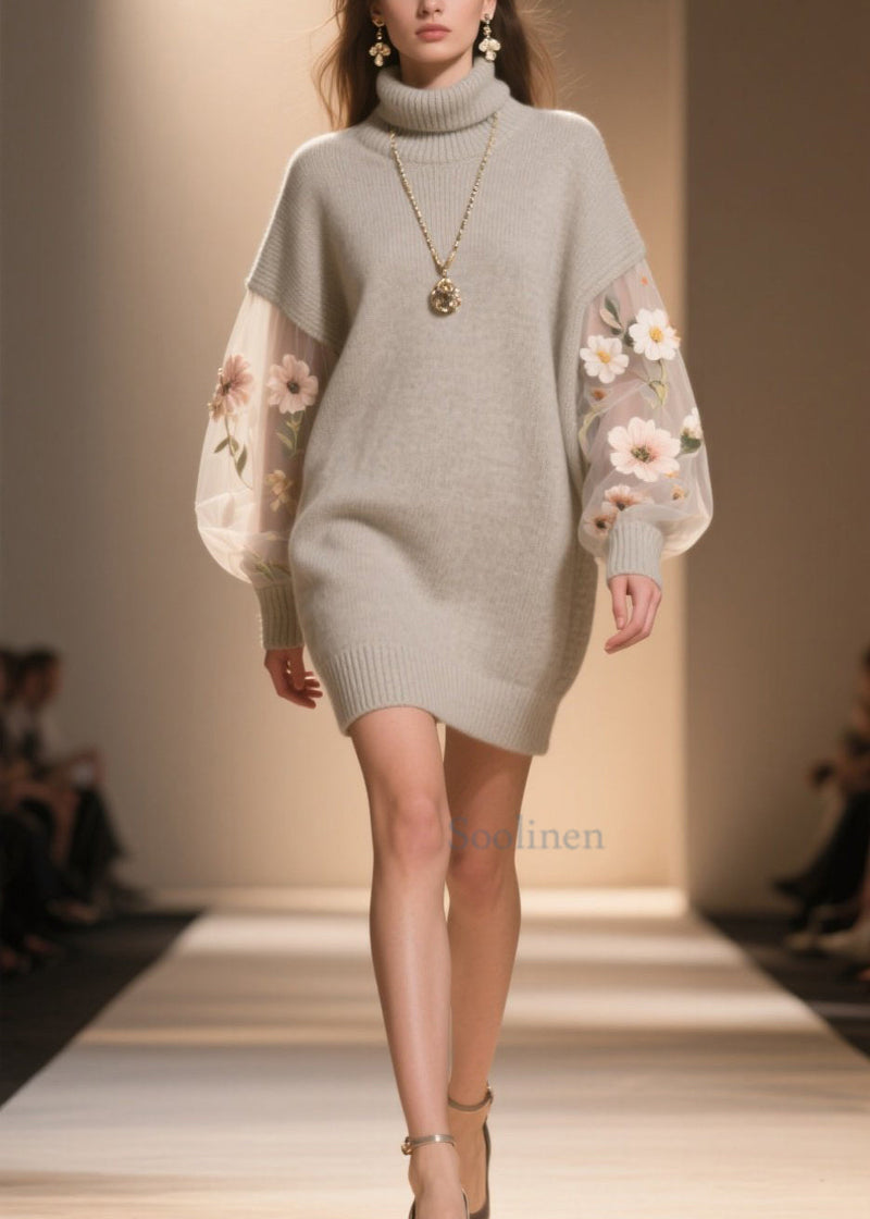 Hign Neck Tulle Patchwork Knit Sweater Dress Winter
