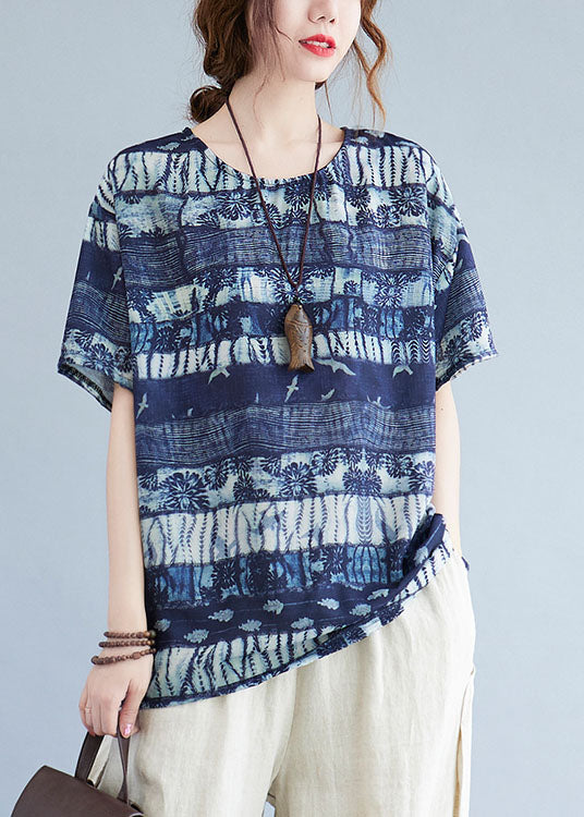 Ink Blue O Neck Patchwork Cotton T Shirt Top Summer