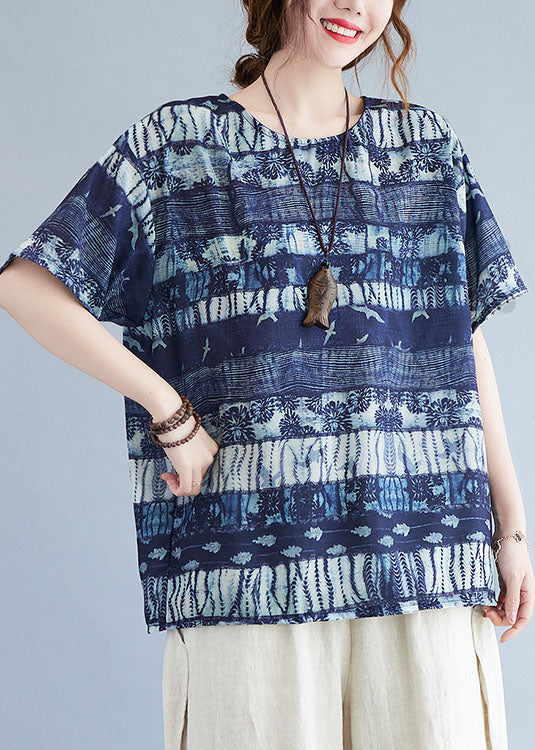Ink Blue O Neck Patchwork Cotton T Shirt Top Summer