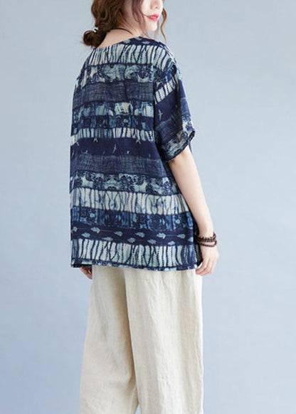 Ink Blue O Neck Patchwork Cotton T Shirt Top Summer