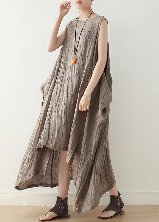 Khaki Asymmetrical Summer Sleeveless Linen Dress