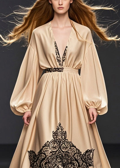 Khaki Deep-v Neck Print Silk Party Dress Spring