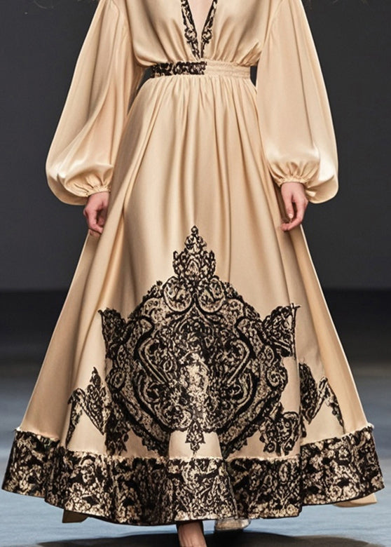 Khaki Deep-v Neck Print Silk Party Dress Spring