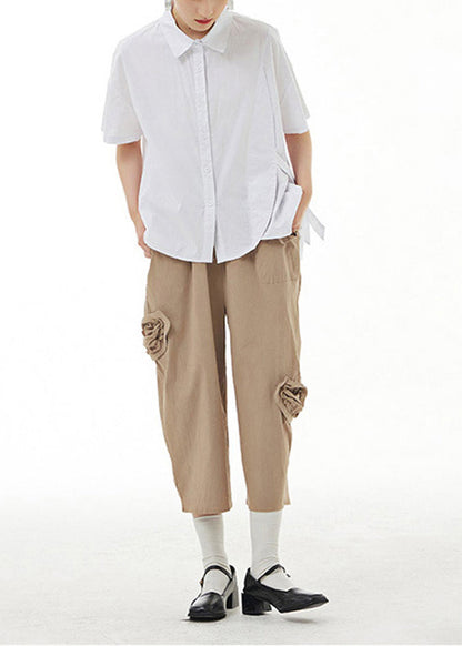 Khaki Elastic Waist Cotton Harem Pants Summer