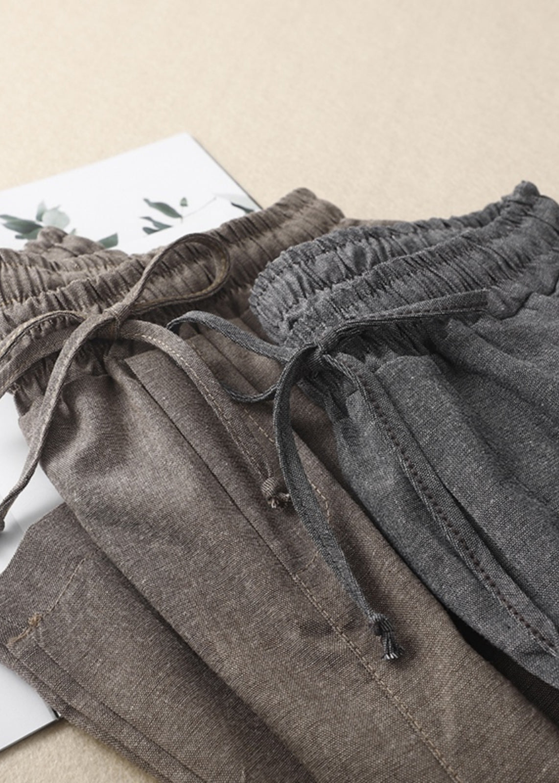 Khaki Elastic Waist Linen Pants Spring