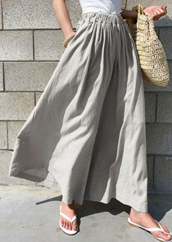 Khaki Elastic Waist Color Cotton Wide Leg Pants Summer