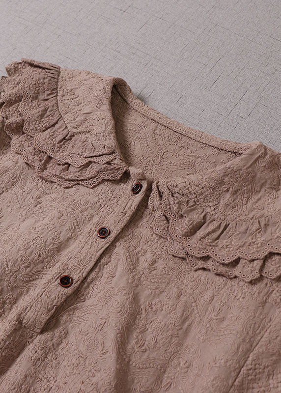 Khaki Embroideried Ruffled Cotton Vacation Dresses Long Sleeve