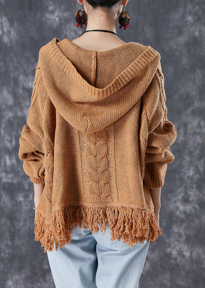 Khaki Embroidered Tasseled Knit Jackets Fall