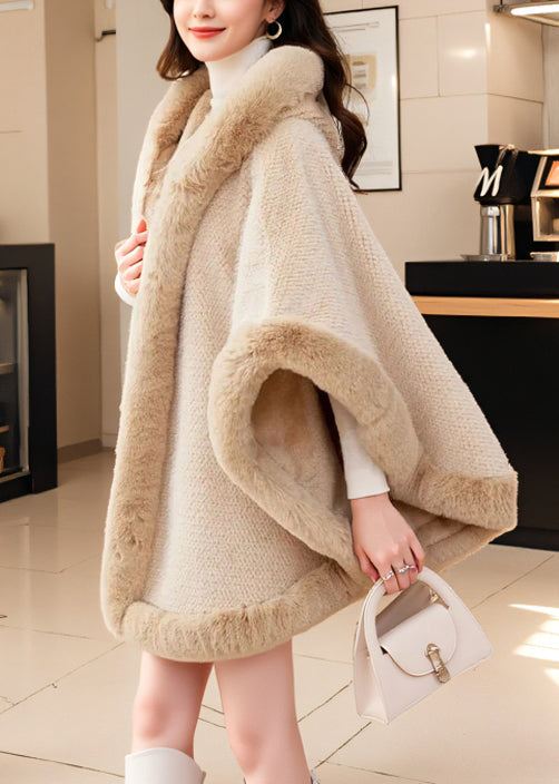 Khaki Hooded Fur Collar Warm Fleece Cape Coat Winter
