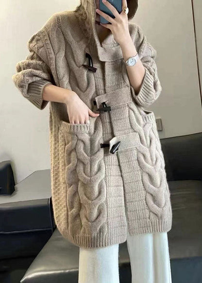 Khaki Hooded Oversized Cashmere Long Cardigans Winter
