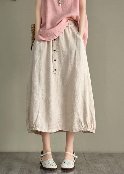 Beige-diamond Linen Elastic Waist Button Skirt