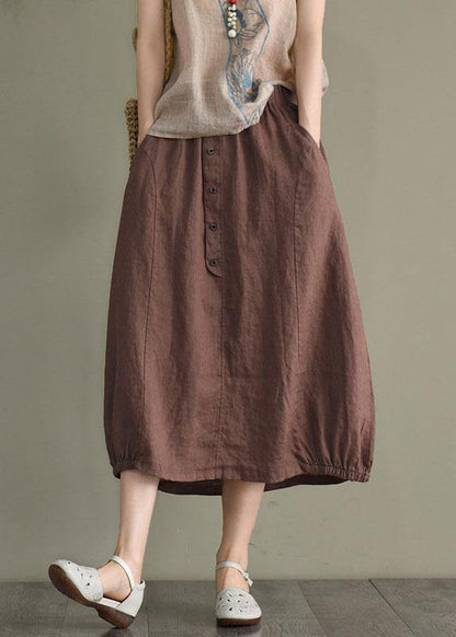 Beige-diamond Linen Elastic Waist Button Skirt