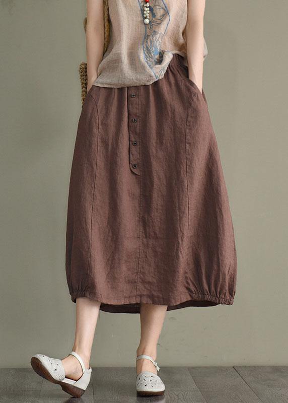 Beige-diamond Linen Elastic Waist Button Skirt
