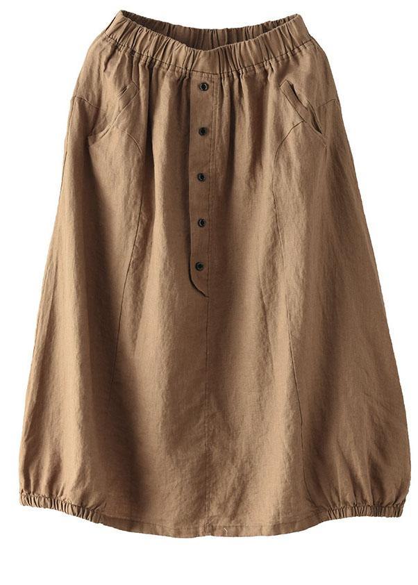 Beige-diamond Linen Elastic Waist Button Skirt