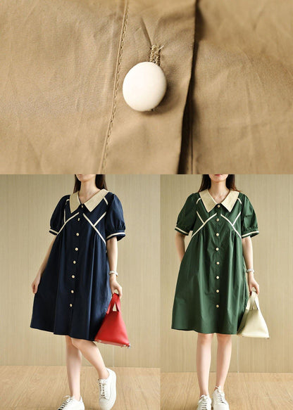 Khaki Loose Puff Sleeve a Line Summer Cotton Dress