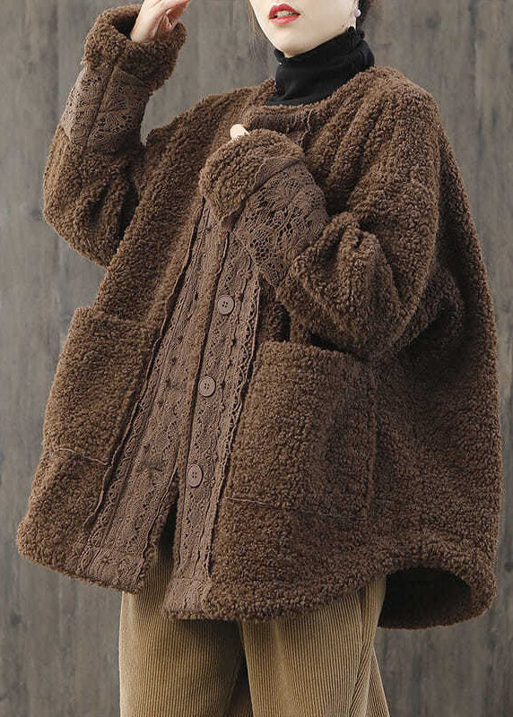 Khaki O-neck Button Fall Winter Thick Long Sleeve Coat