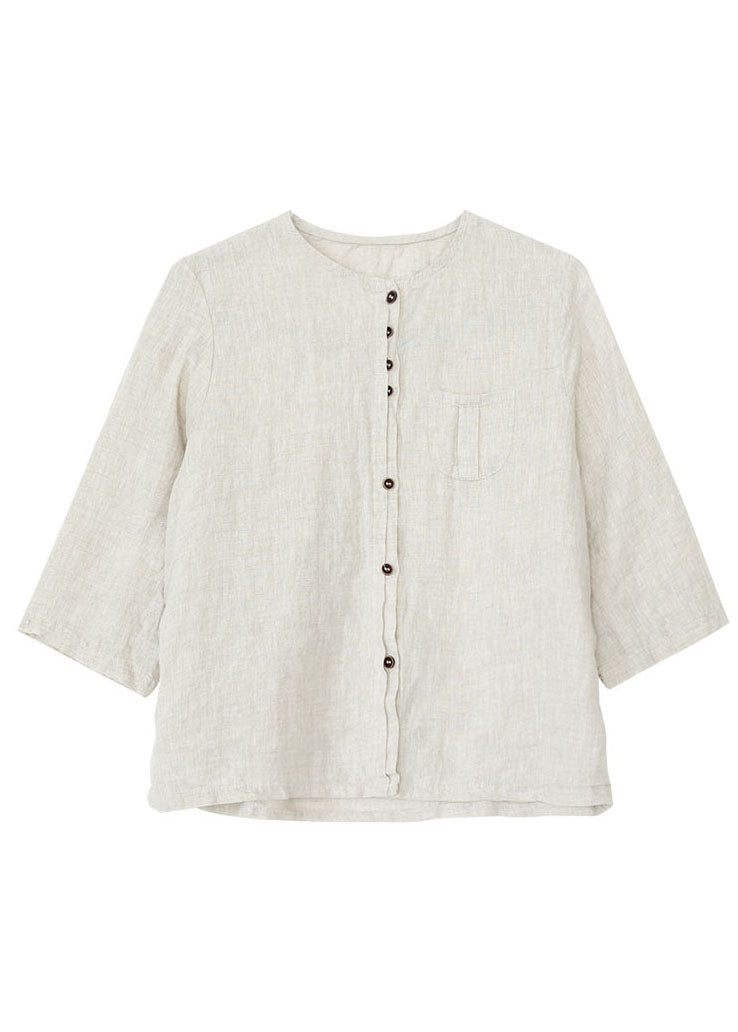 Khaki O Neck Button Pockets Linen Shirt Bracelet Sleeve