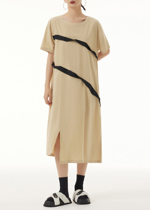 Khaki O Neck Front Open Patchwork Cotton Dresses Short Sleeve