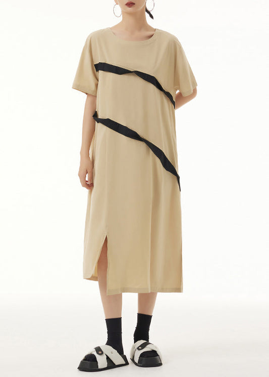 Khaki O Neck Front Open Patchwork Cotton Dresses Short Sleeve